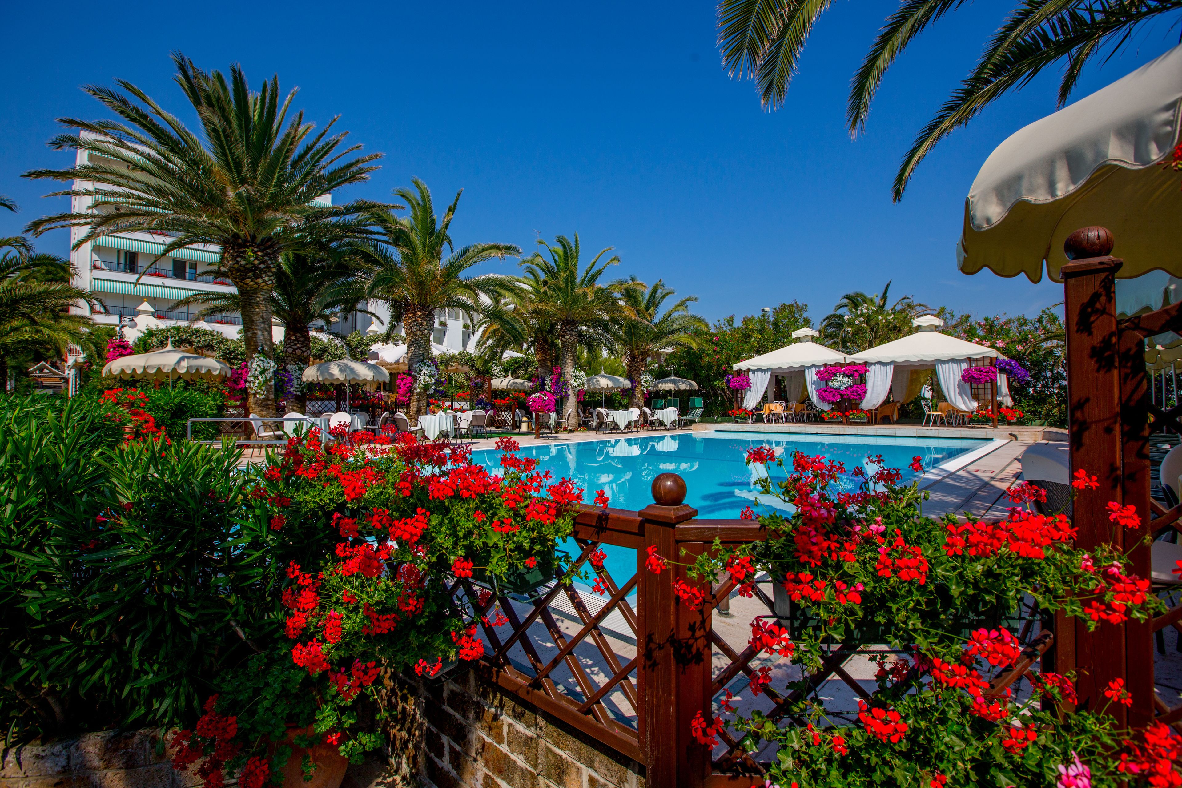 outdoor pool, pool umbrellas, pool loungers