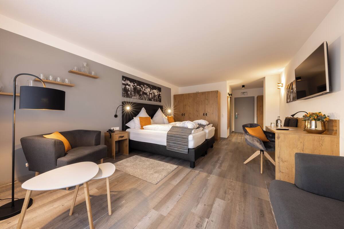 Une chambre à coucher moderne avec un lit, un canapé, un bureau et un téléviseur.