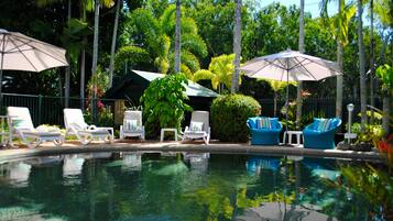 Outdoor pool, pool umbrellas, pool loungers