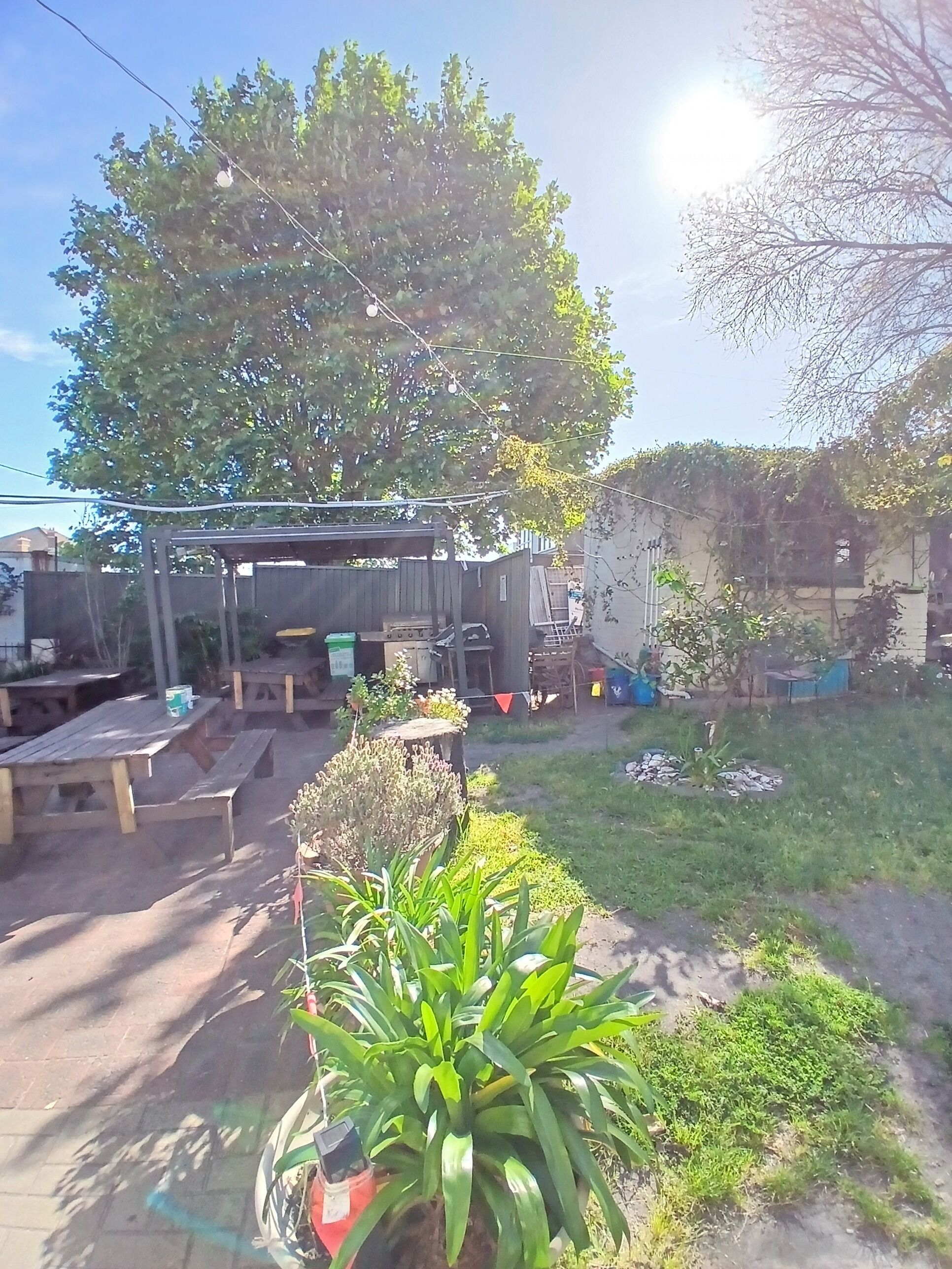 Un giardino sul retro con una pergola in legno, tavoli da picnic e piante in vaso.