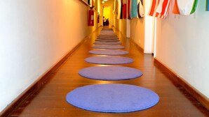 A hallway with flags on the walls and mats on the floor. - 1849 Backpackers Hotel (Albany)