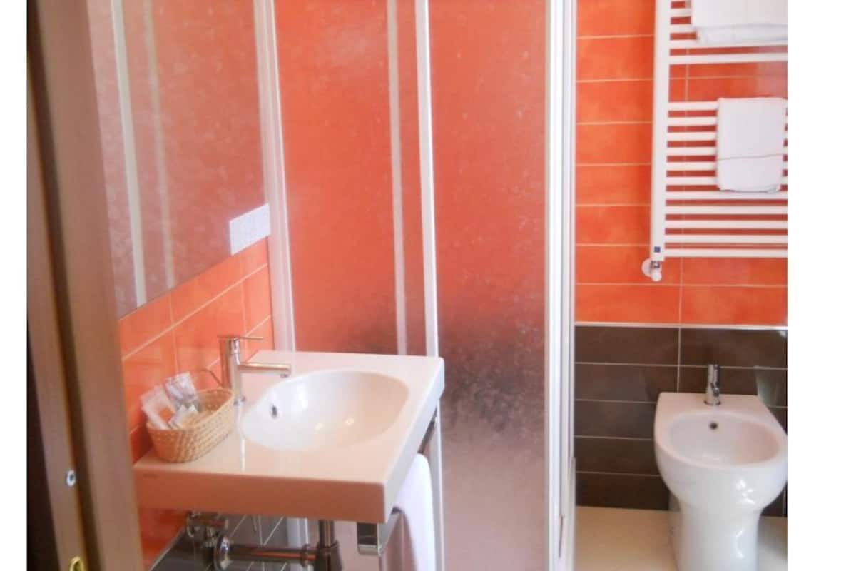 Een douche, een haardroger, een bidet, handdoeken