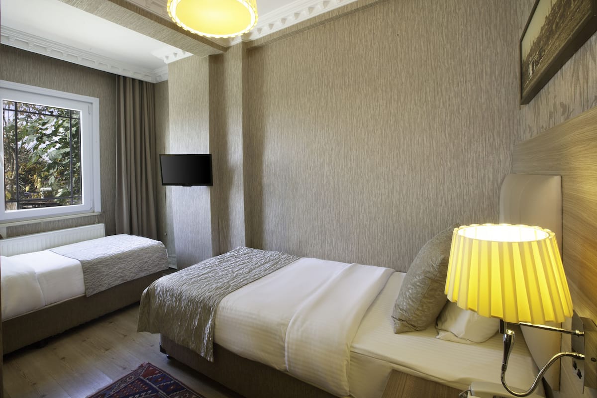 Habitación económica con 2 camas individuales, planta baja | 1 dormitorio, ropa de cama de alta calidad, minibar y caja fuerte