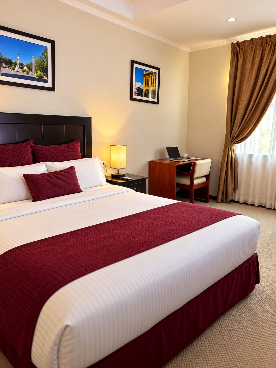 Una habitación de hotel con una cama grande, un escritorio con una computadora portátil y dos cuadros en la pared.