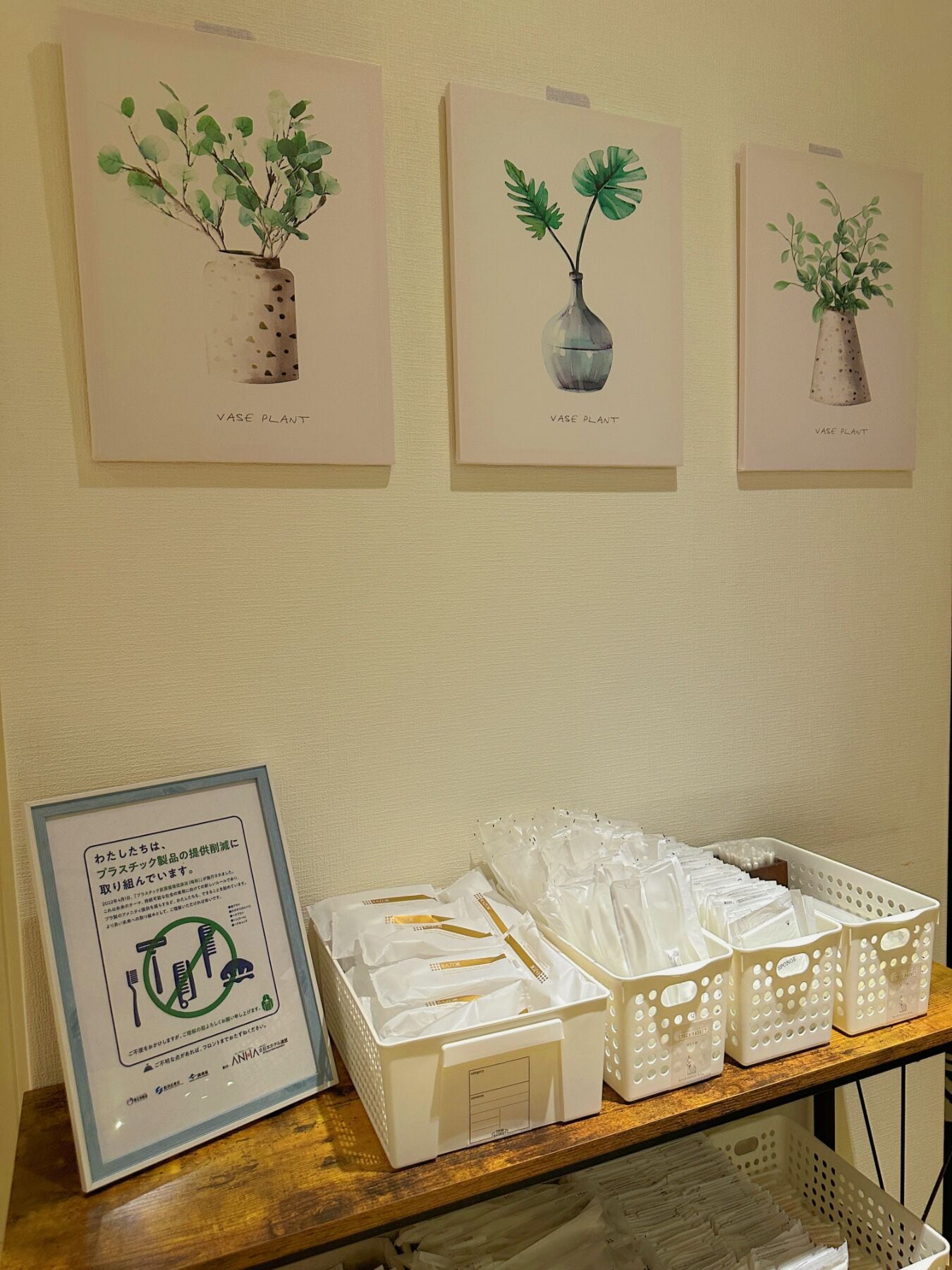 A wall with three framed illustrations of plants in vases and a framed sign with text. Below, there are white baskets on a wooden shelf.