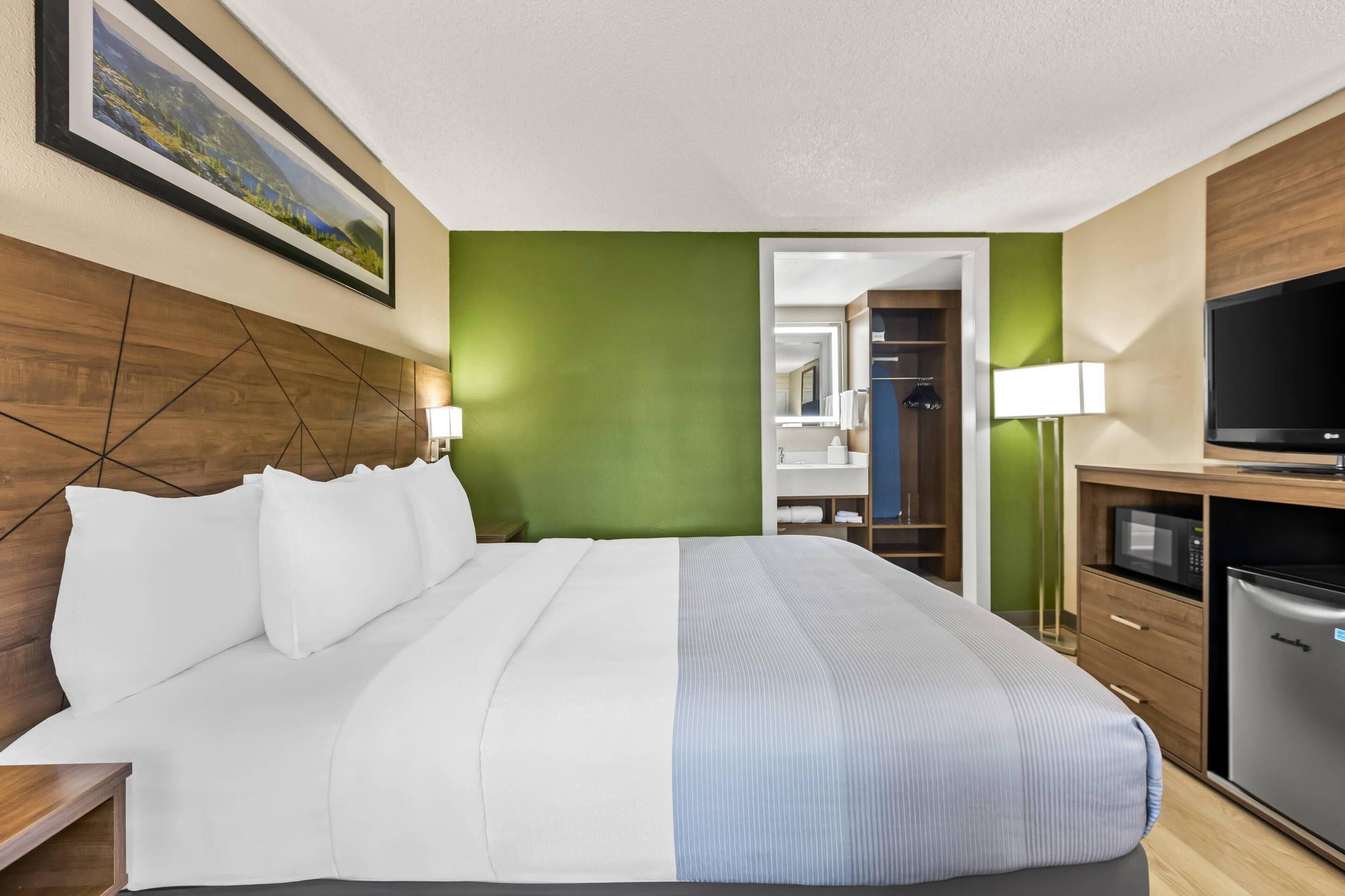 A hotel room with a large bed, a television, a refrigerator, and a green accent wall.
