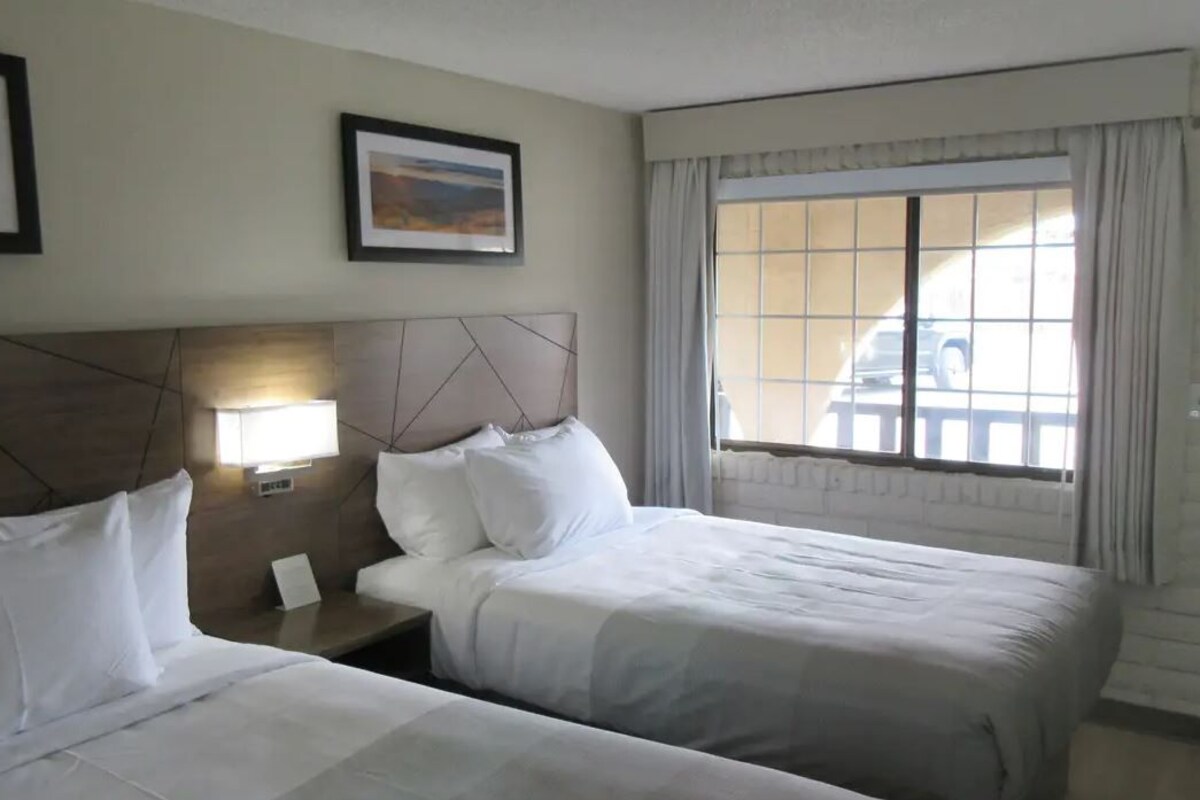 A hotel room with two beds, a headboard with geometric patterns, a bedside lamp, a window with curtains, and two framed pictures on the wall.