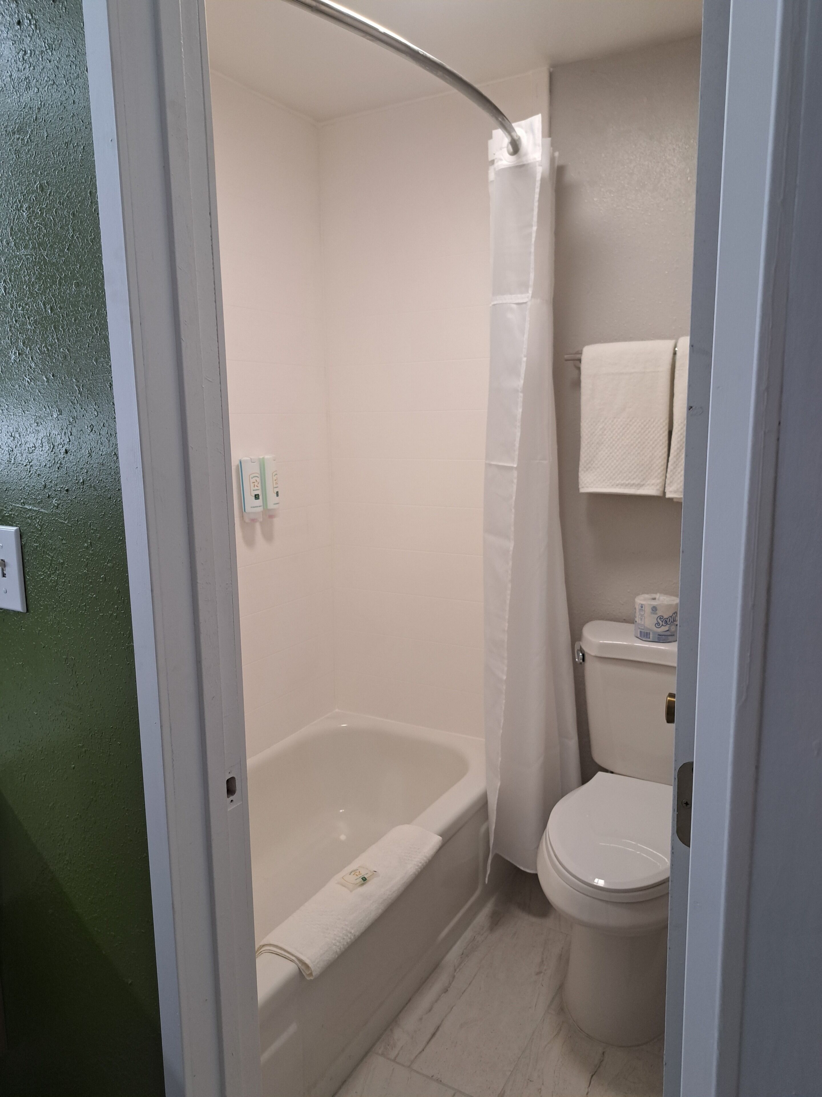 A bathroom with a bathtub, toilet, and a shower curtain.