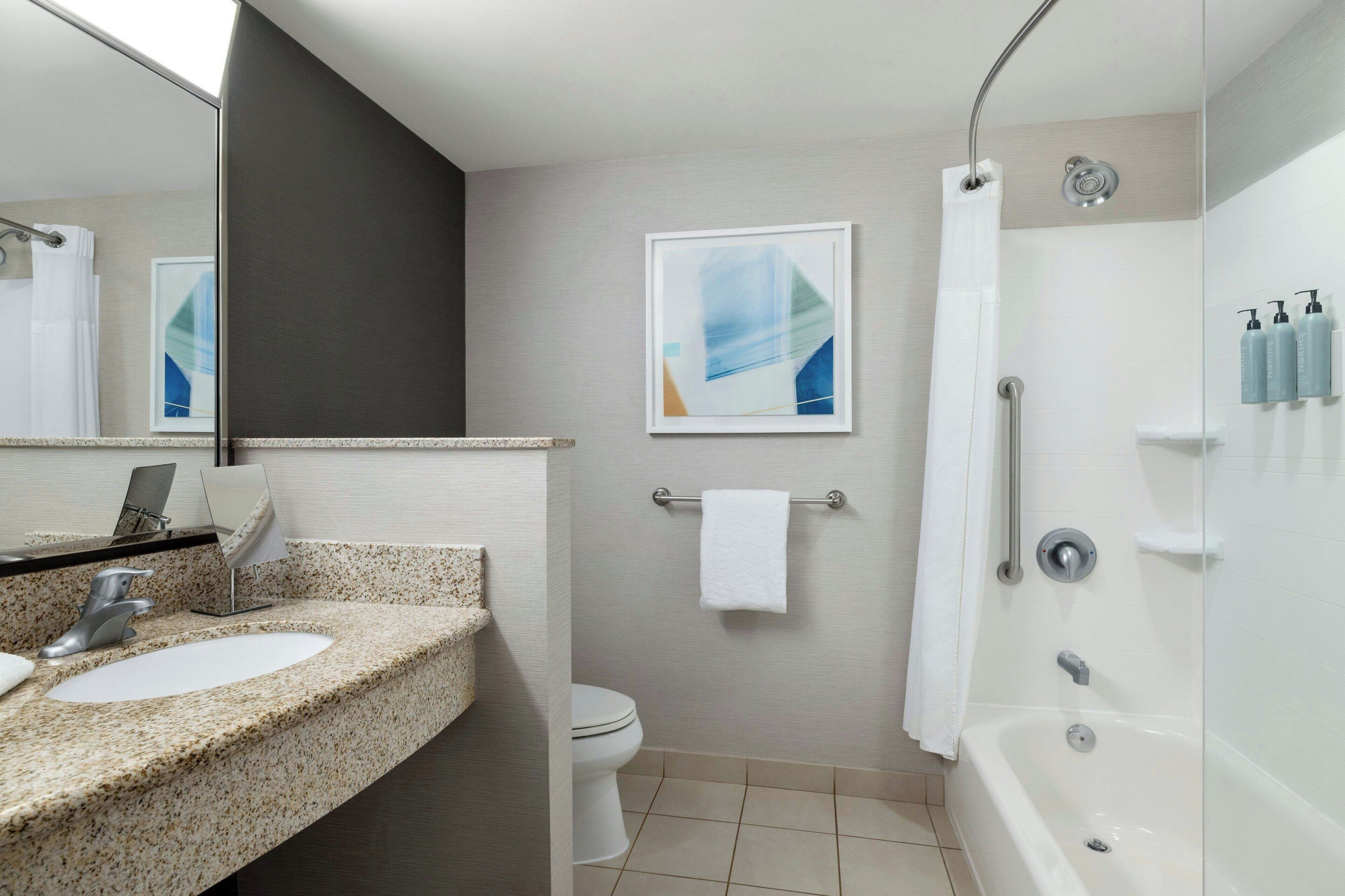 A modern bathroom with a granite countertop sink, a toilet, a shower with a glass door, and a framed abstract painting on the wall.