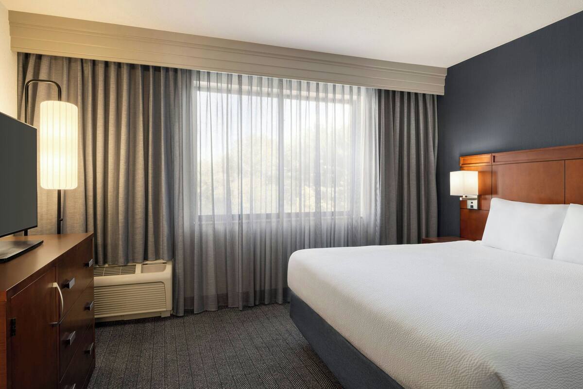 A hotel room with a large bed, a TV on a dresser, a heater, and a window with curtains.