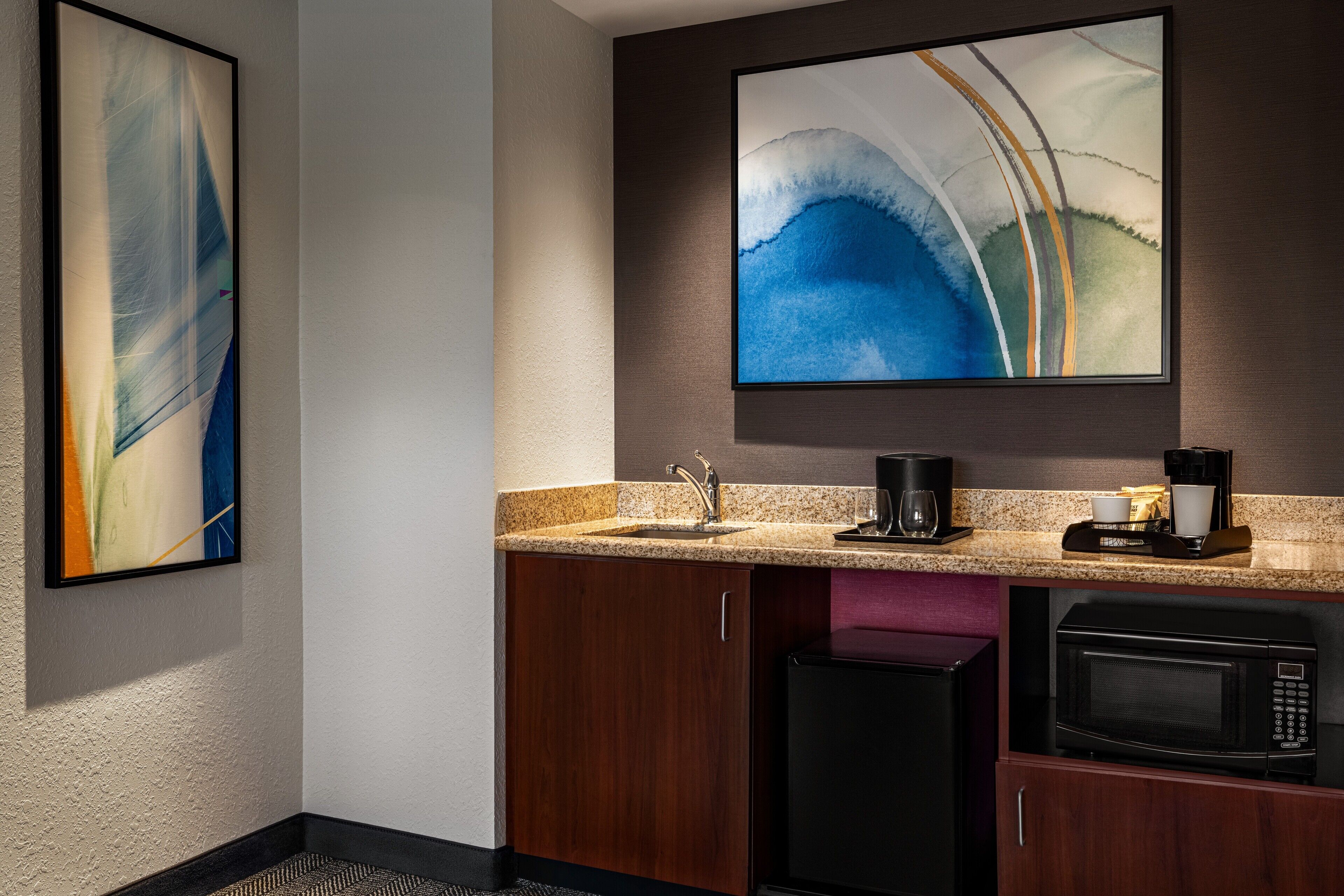 desk, laptop workspace, blackout curtains, iron/ironing board