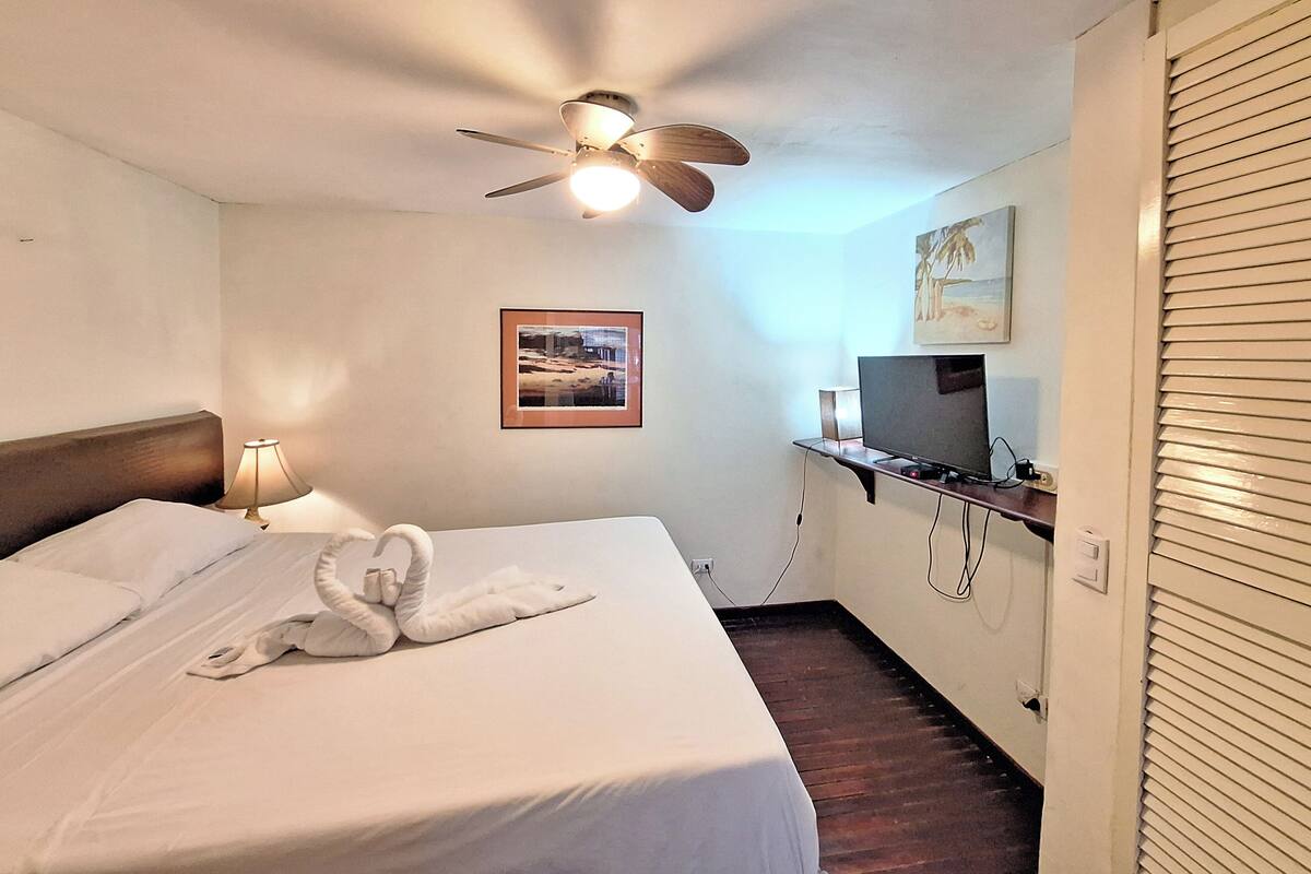 Een hotelkamer met een bed, een plafondventilator, een tv op een standaard en een ingelijst schilderij aan de muur.