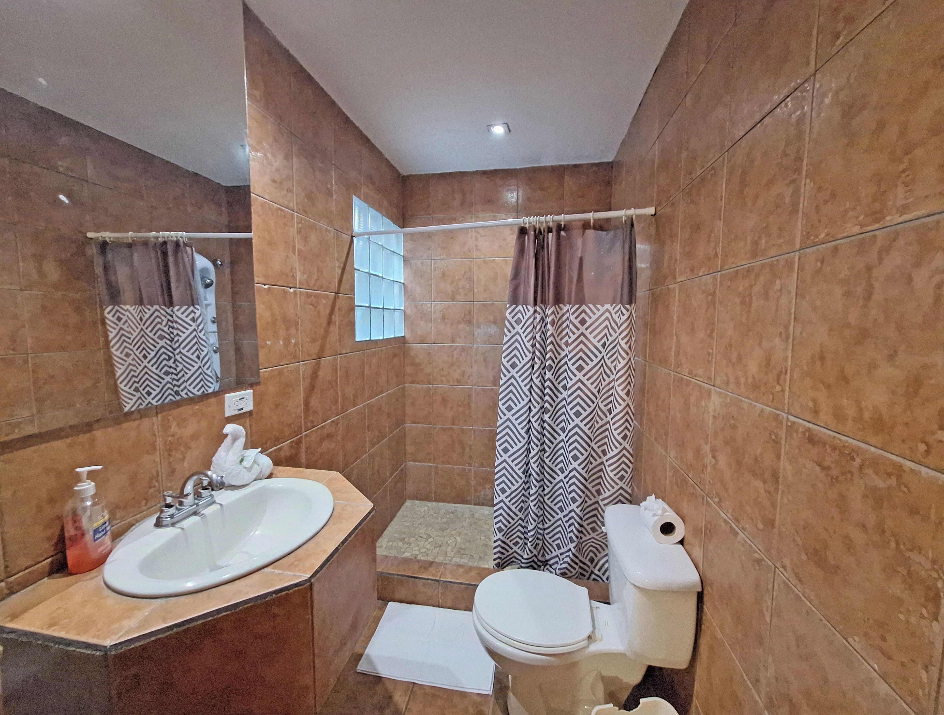A bathroom with a sink, toilet, and shower area.