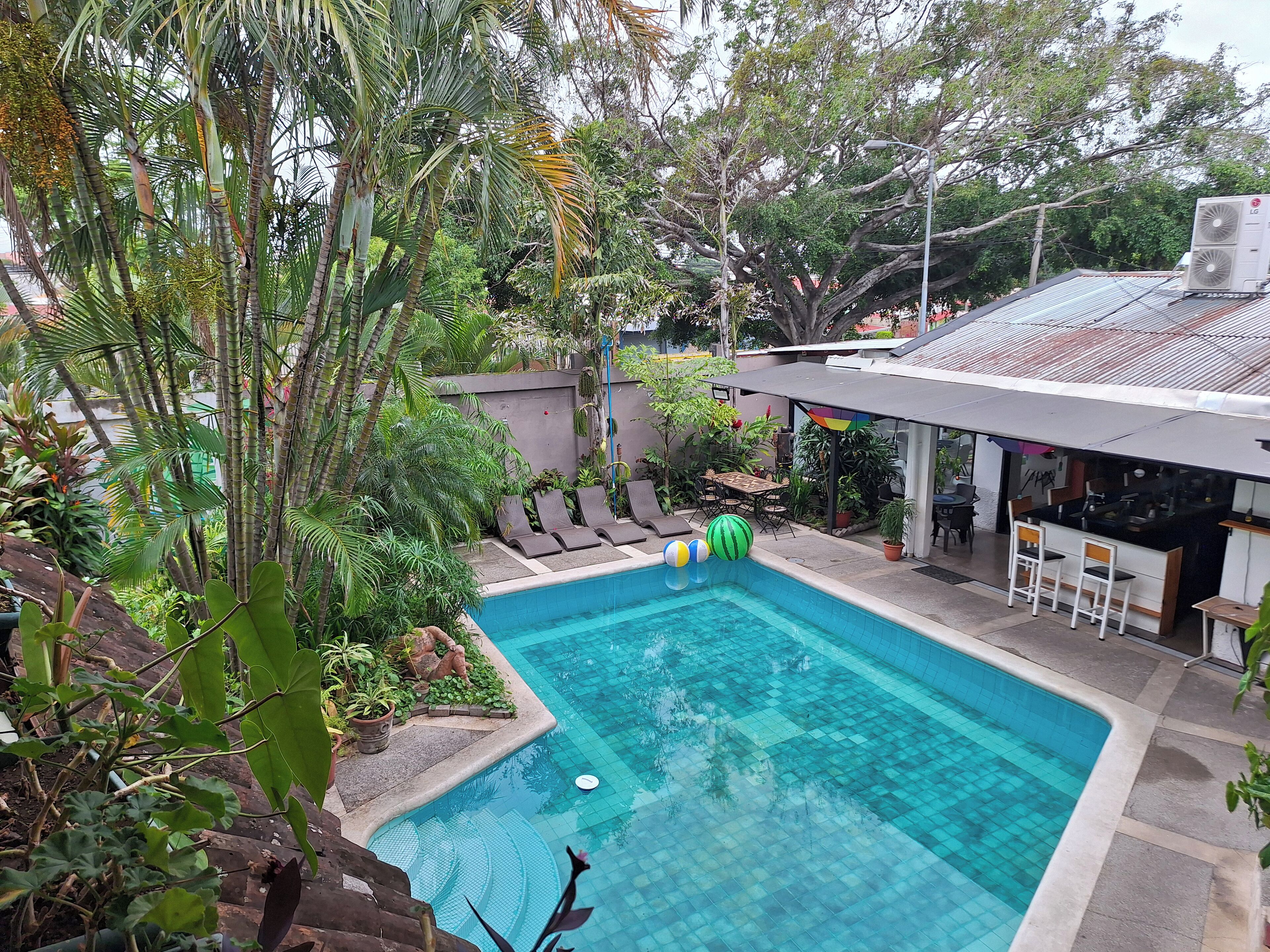 Piscina con sillas de descanso y zona de bar, rodeada de exuberante vegetación y árboles.