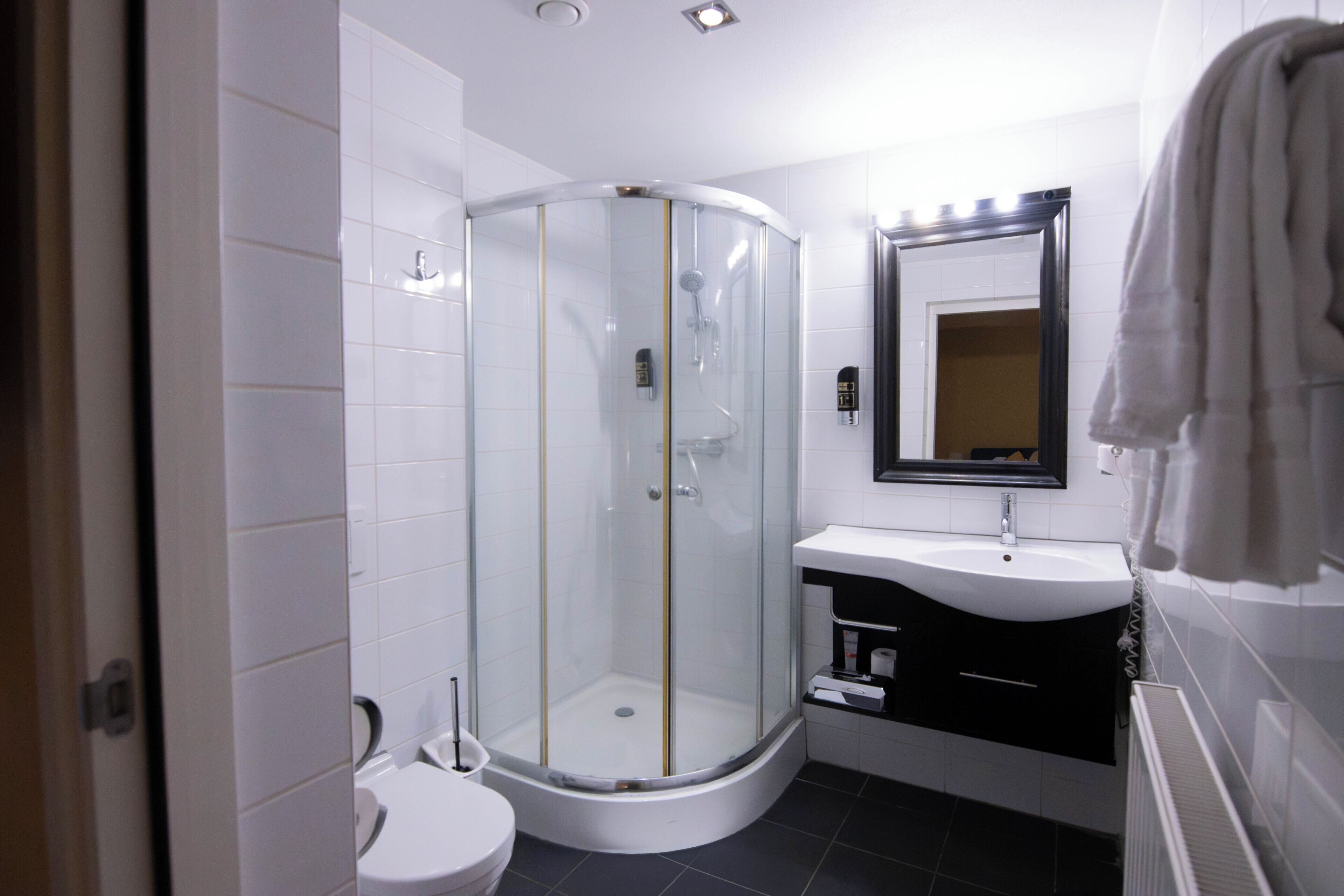 A modern bathroom with a glass-enclosed shower, a white sink, and a mirror above the sink.