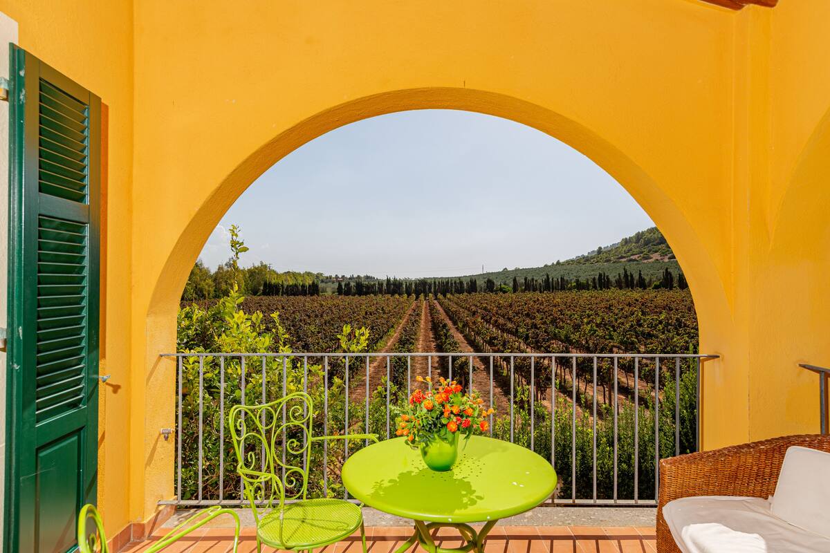Un balcon avec une table et des chaises, une vue sur les vignes et un mur jaune.