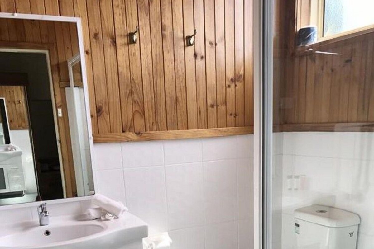 Kylpyhuone, jossa on puinen allaskaappi, lasinen suihkuseinä ja valkoinen wc-istuin.