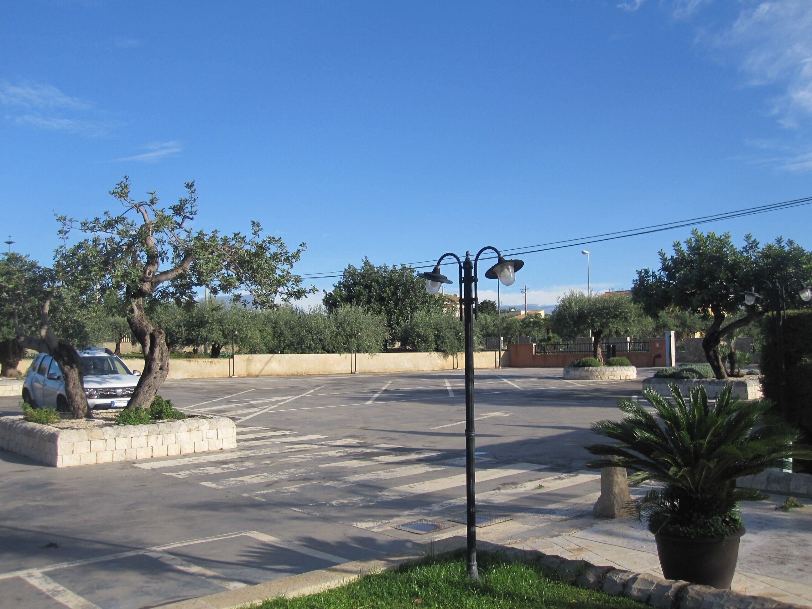 A parking lot with a few cars, a street lamp, and some trees.
