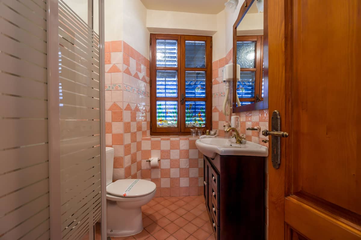 shower, hair dryer, slippers, towels