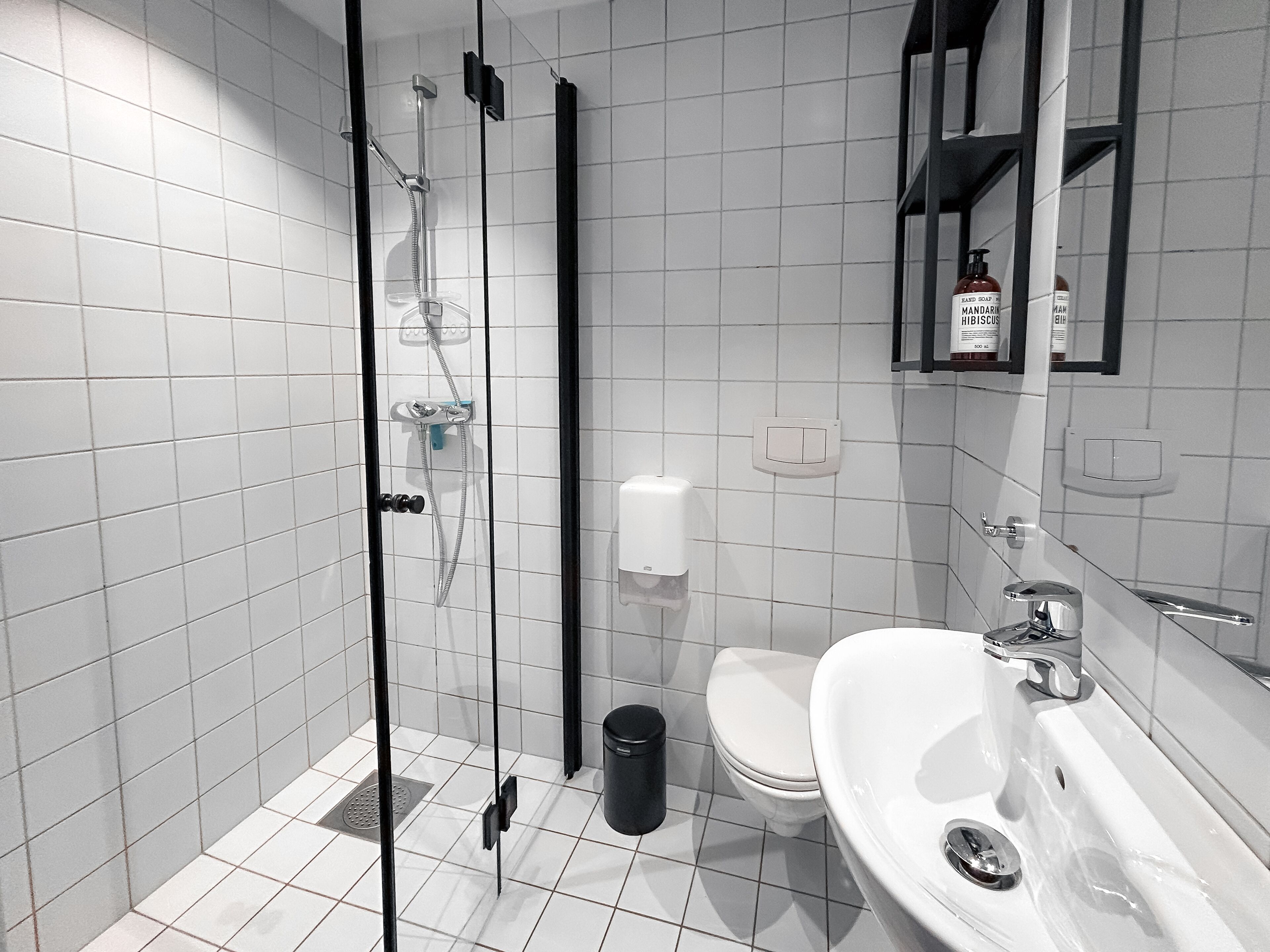 A modern bathroom with a glass-enclosed shower, a white toilet, and a sink with a mirror above it.