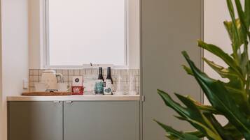 Une cuisine équipée d’un climatiseur intégré, avec une fenêtre au-dessus du plan de travail et une plante en pot au premier plan.