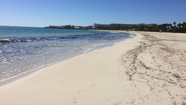 A beach with clear blue water, sandy shore, and buildings in the background. - BJ Apartamentos Club Sa Coma (Sant Llorenc des Cardassar)