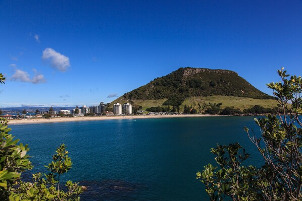 Eine Küstenlandschaft mit Hügel, Strand und Gebäuden entlang der Uferlinie.