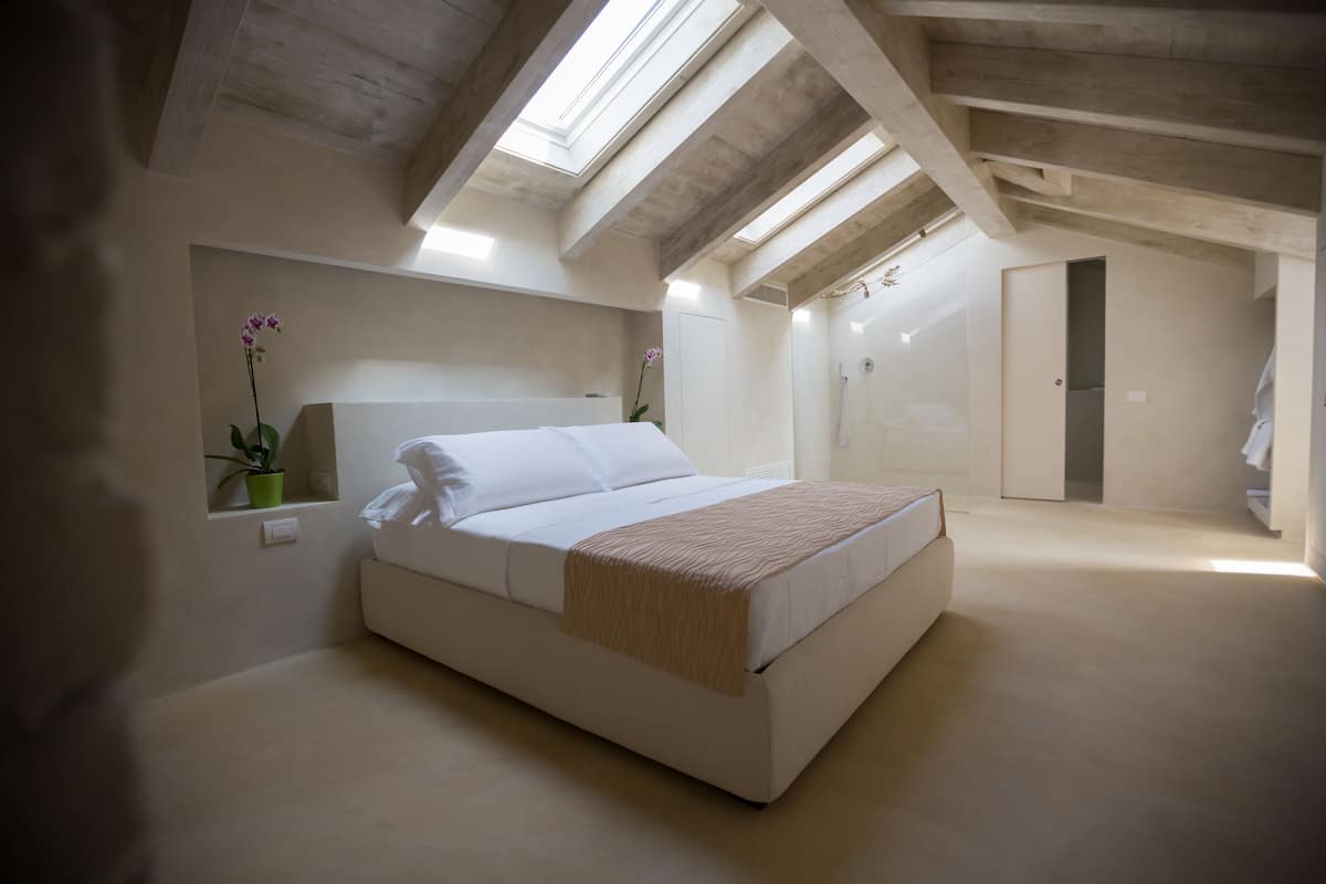 A bedroom with a skylight, a bed, a potted plant, and a door.