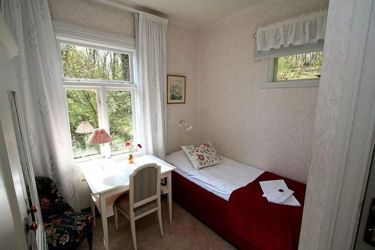 A small, cozy room with a single bed, a desk, and a chair. There is a window with a view of greenery outside.