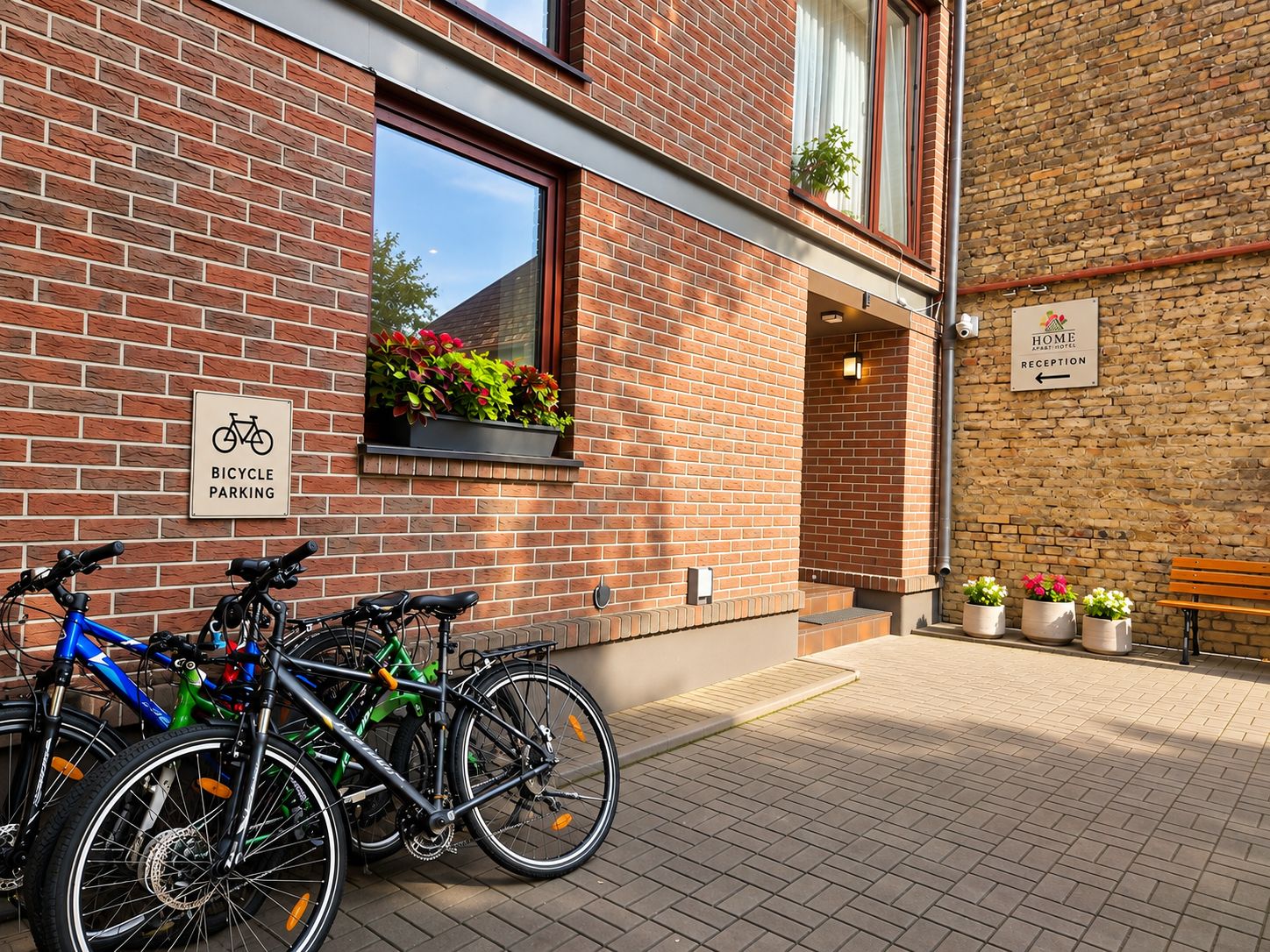 Un edificio de ladrillo con un letrero de estacionamiento para bicicletas, una zona de recepción y plantas en macetas.