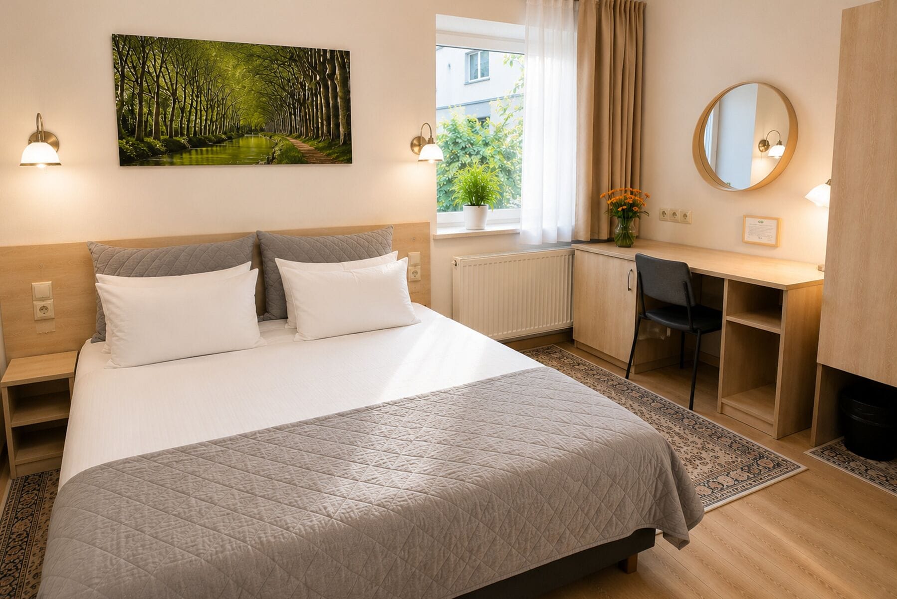A hotel room with a bed, a desk, a chair, a window with curtains, a painting on the wall, and a mirror.