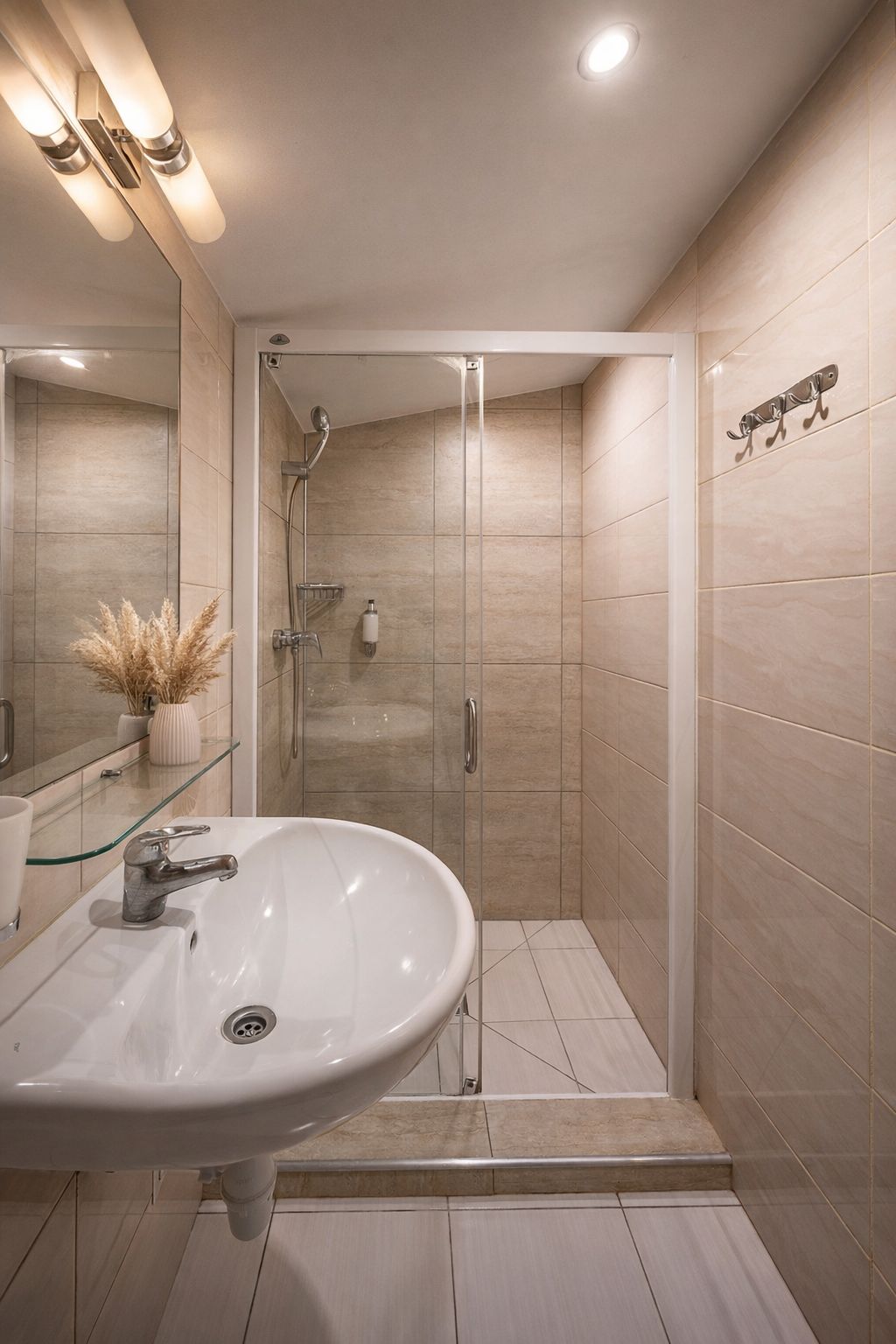 A modern bathroom with a glass-enclosed shower, a white sink, and a mirror.