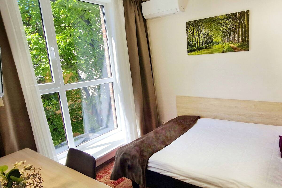 Una habitación de hotel con una cama, un ventanal con vistas a zonas verdes, un cuadro en la pared y una mesa con una planta.