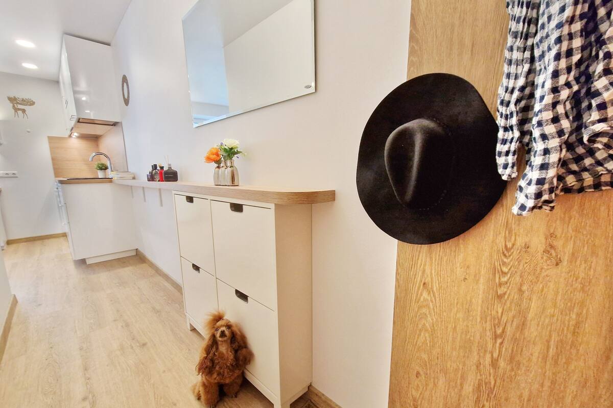Una cocina moderna con armarios blancos, encimera de madera y un perro pequeño junto al fregadero.