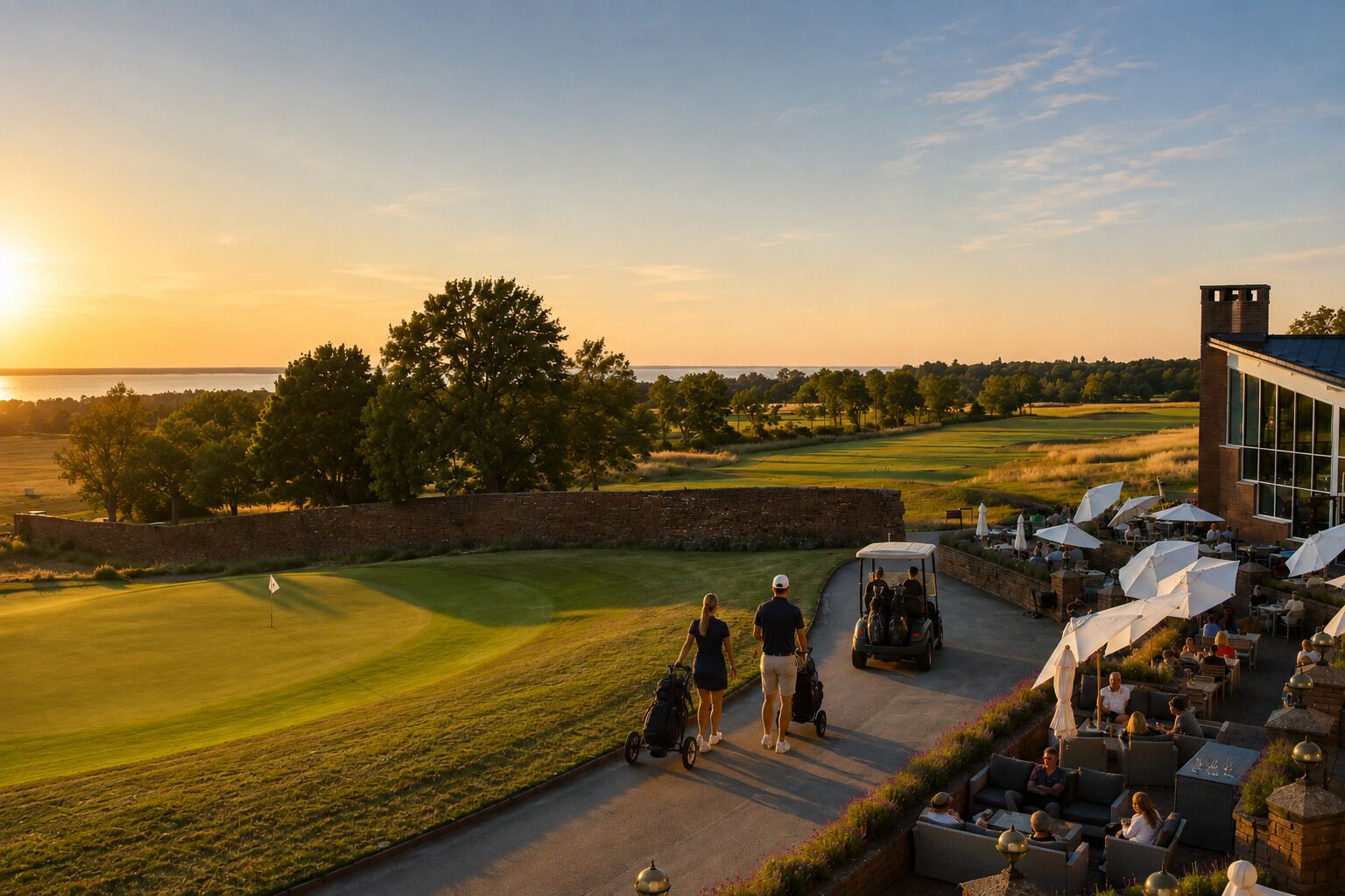 Un campo da golf con un club house e una zona relax all'aperto.