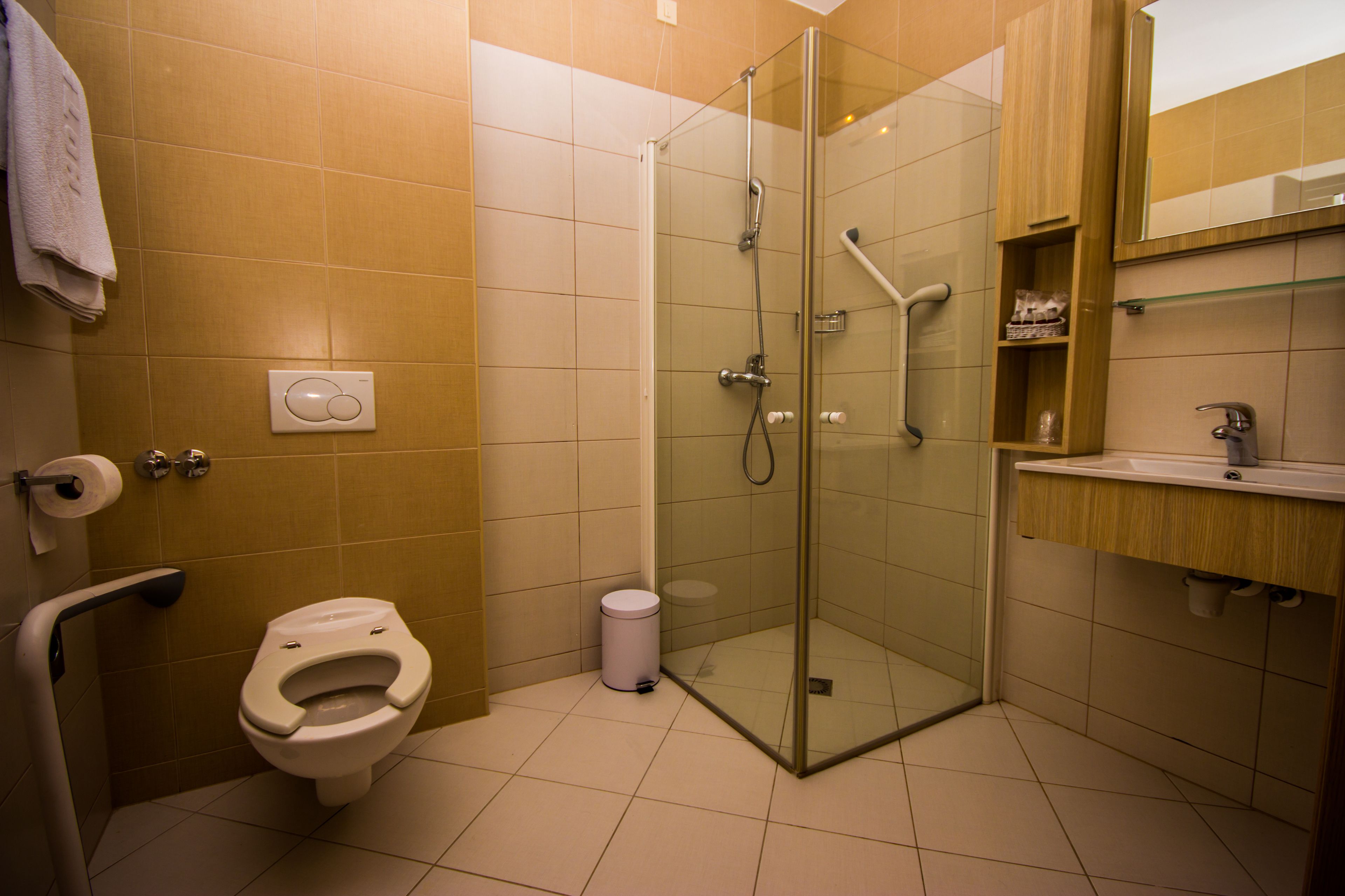 A bathroom with a toilet, a glass-enclosed shower, and a sink with a mirror above it.