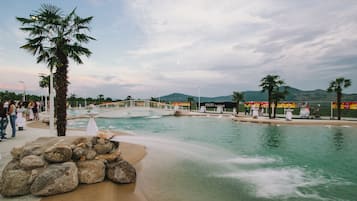 A water park with a bridge, palm trees, and a mountainous backdrop.