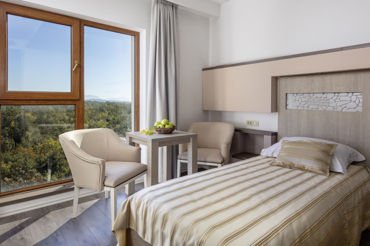 A hotel room with a large window, a bed, a desk with a chair, and a view of the outdoors.