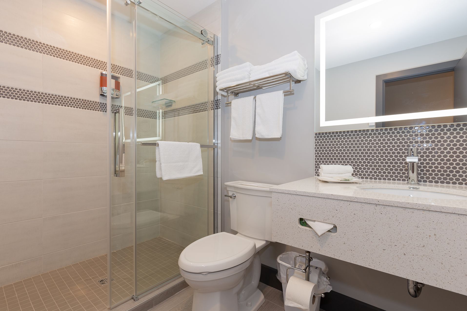 A modern bathroom with a glass shower enclosure, a toilet, a sink with a mirror, and a towel rack.