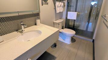 A bathroom with a large sink, a toilet, a glass shower enclosure, and a mirror.