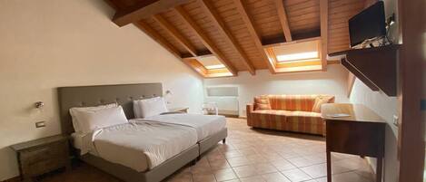 A bedroom with a bed, a sofa, a TV, and a skylight.