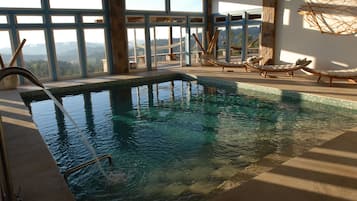 Indoor pool, seasonal outdoor pool, pool loungers