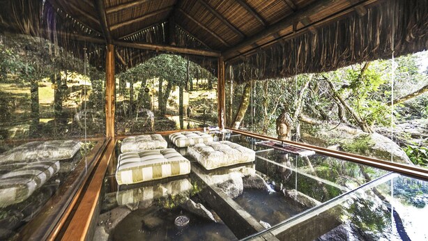 A glass-enclosed room with a thatched roof, a small waterfall feature, and a view of a forested area.