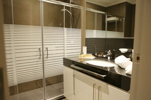 Bathroom features a glass-enclosed shower, handheld showerhead, and a large mirror above the sink.