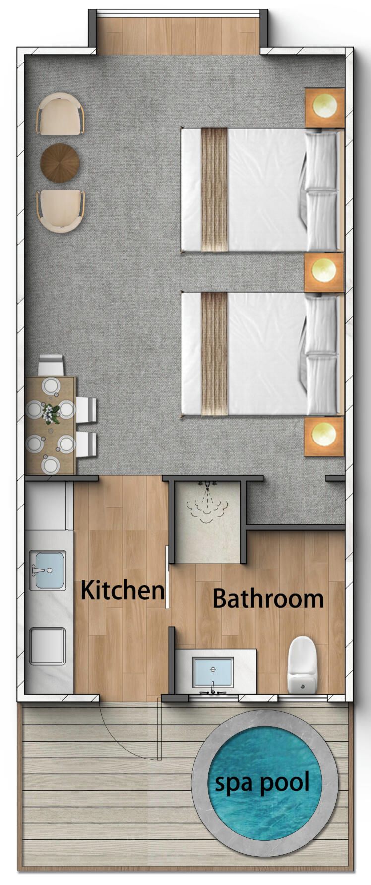 A floor plan of a hotel room with a kitchen, bathroom, and spa pool area.