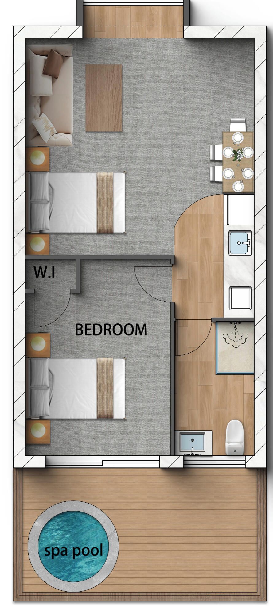 Distribució d'una habitació d'hotel amb dormitori, bany tipus plat i una piscina spa.