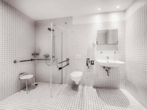 Shower, rainfall showerhead, hair dryer, towels