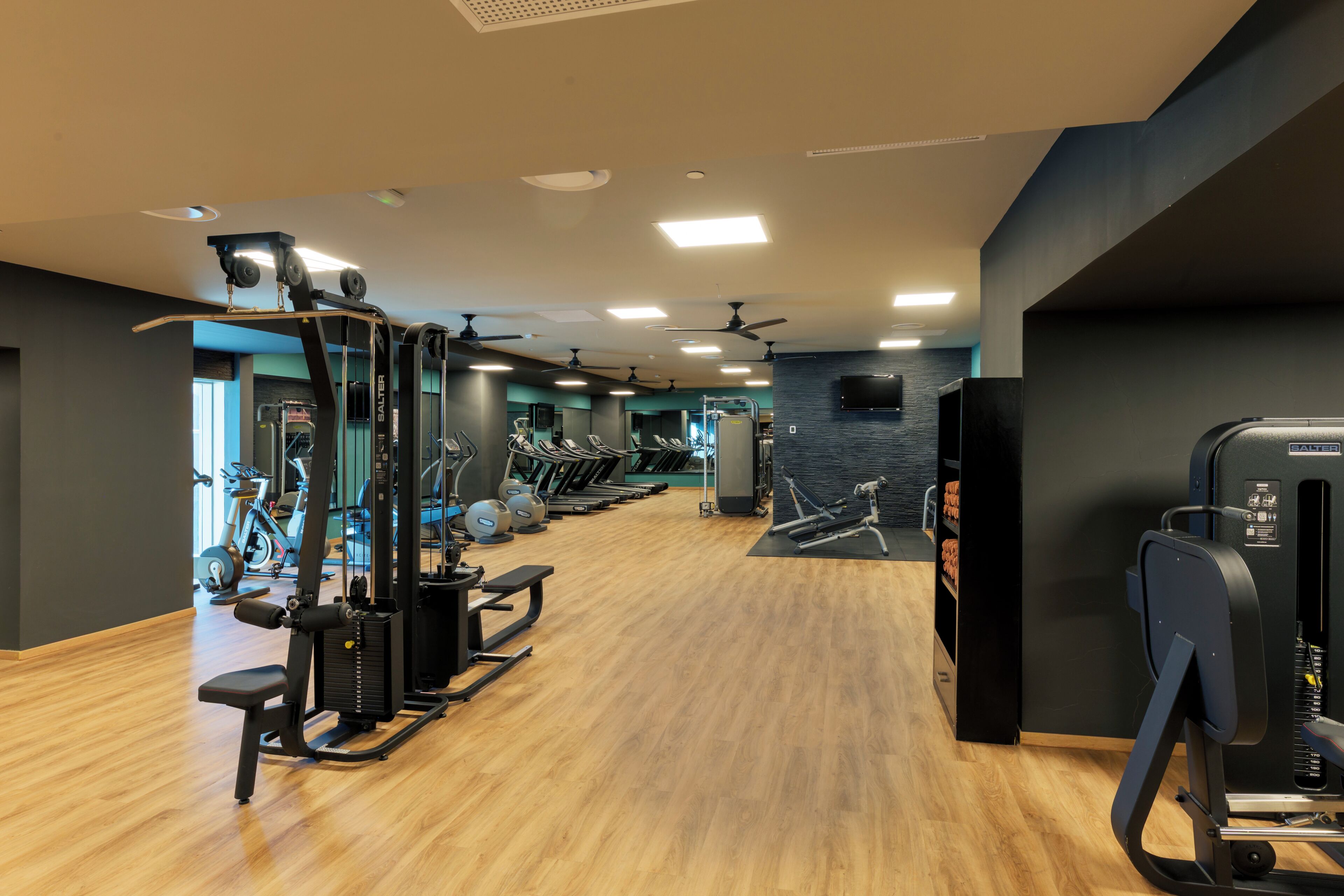 Une salle de sport équipée de tapis de course, d’appareils de musculation et de ballons d’exercice.