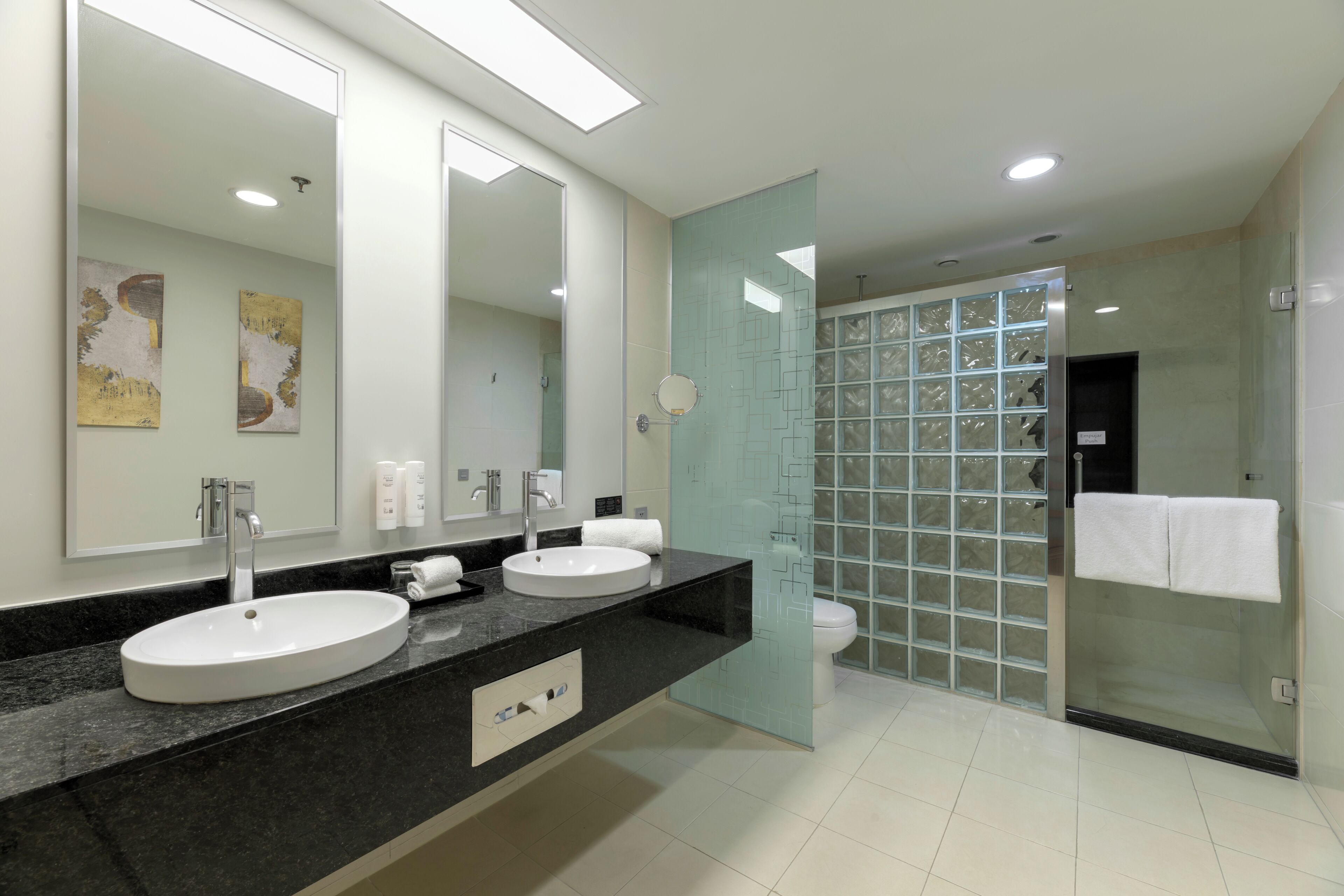 A modern bathroom with two sinks, a large mirror, and a glass shower enclosure.