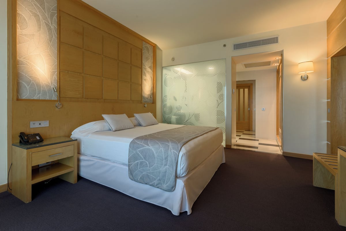 Une chambre d’hôtel avec un lit, une table de chevet et un miroir.
